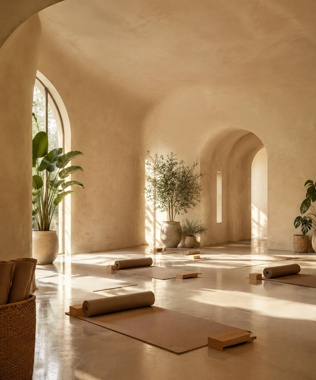 Sunlit yoga studio with curved walls, arched windows, mats and plants