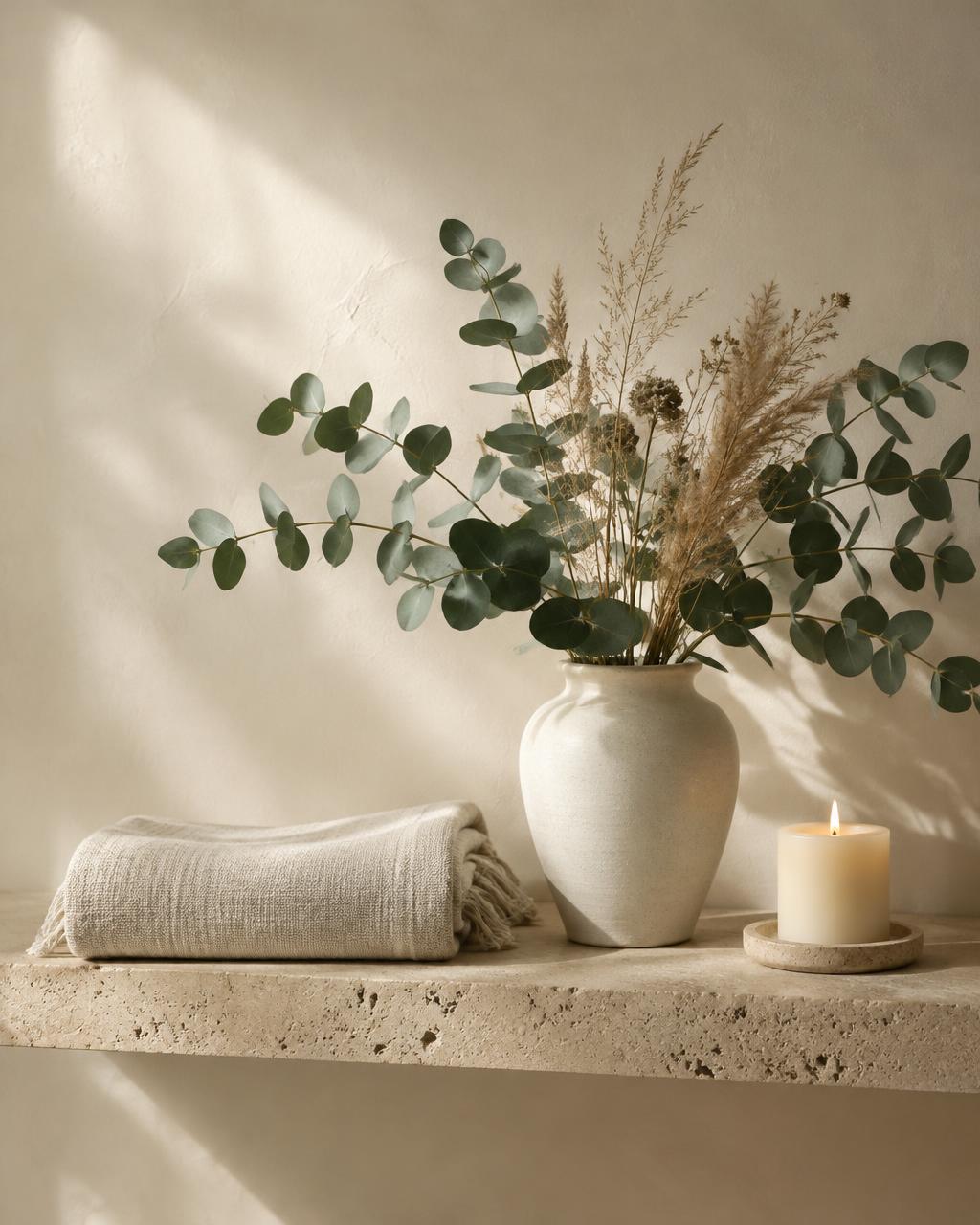 Eucalyptus in a ceramic vase beside a folded linen towel