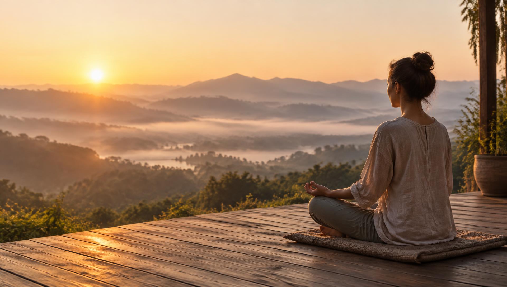 Woman meditating at sunrise above misty hills