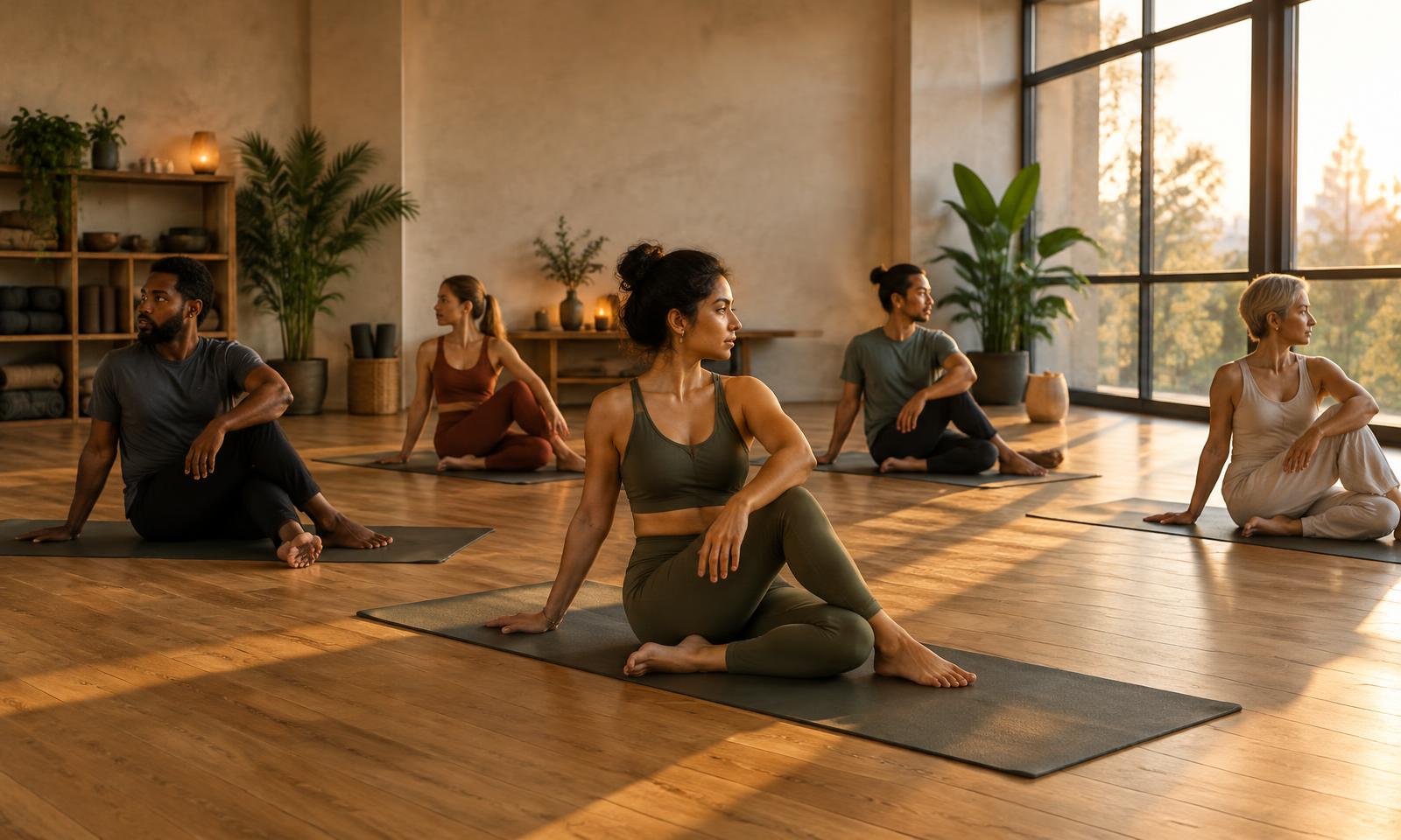 Small group seated in a twist during a yoga class in golden evening light