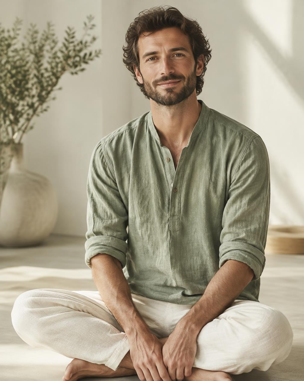Illustrative portrait of a male yoga teacher in a linen shirt
