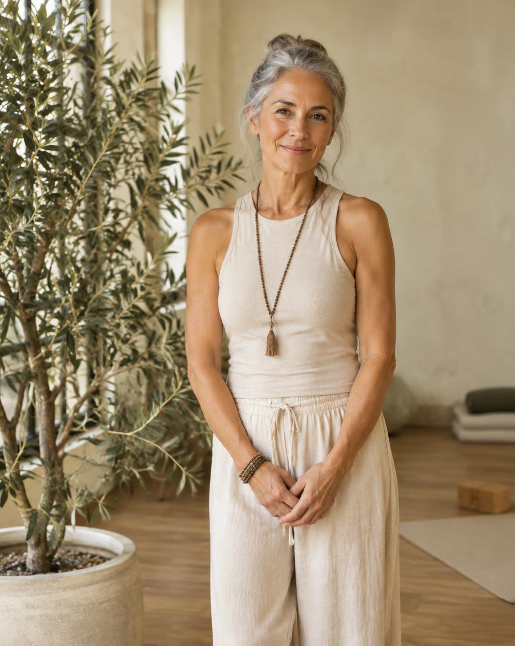 Illustrative portrait of a yoga teacher standing beside an olive tree