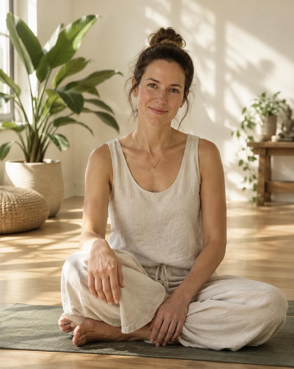 Yoga instructor seated on a mat in a sunlit studio