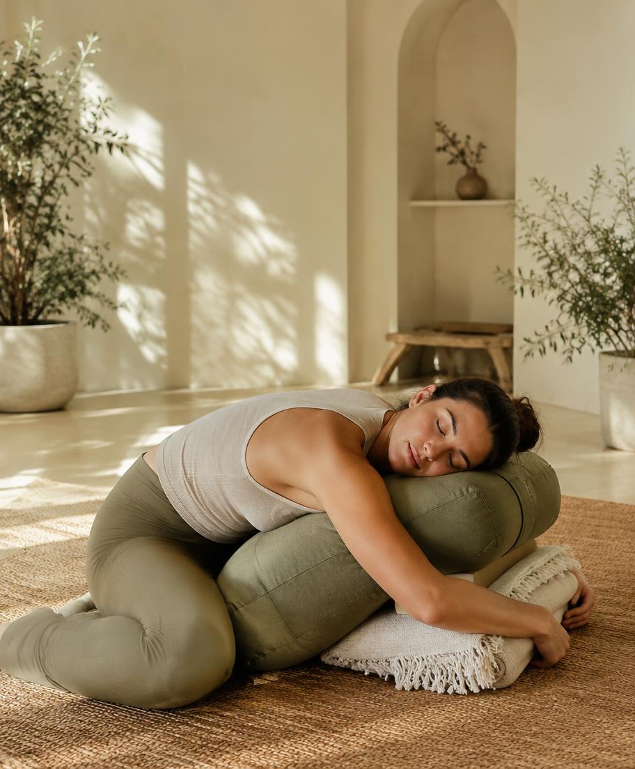 Woman resting over a sage bolster in a sunlit studio