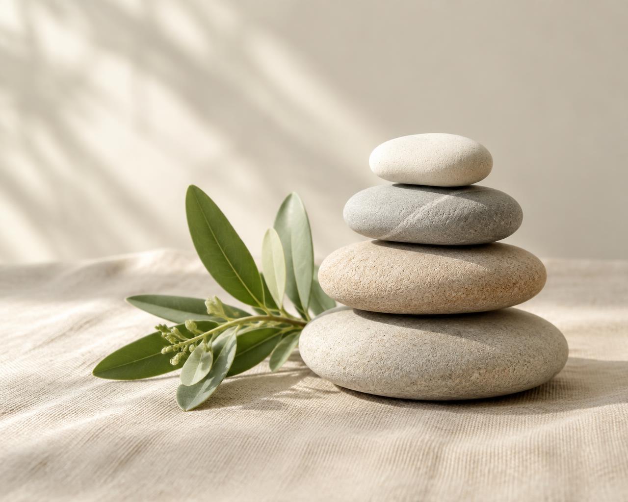 Smooth balanced stones beside a sprig of green leaves