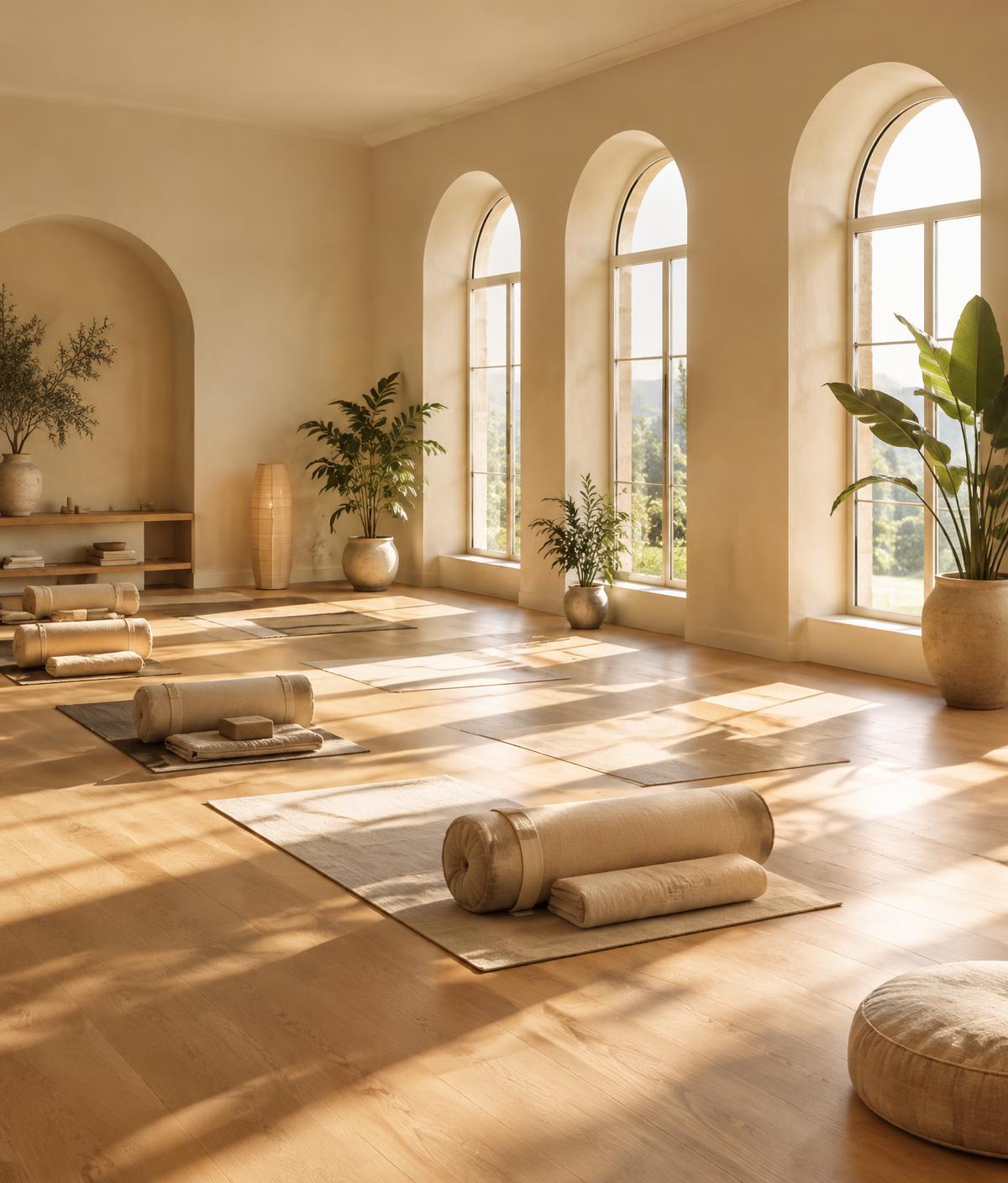Calm yoga studio with arched windows, bolsters and plants